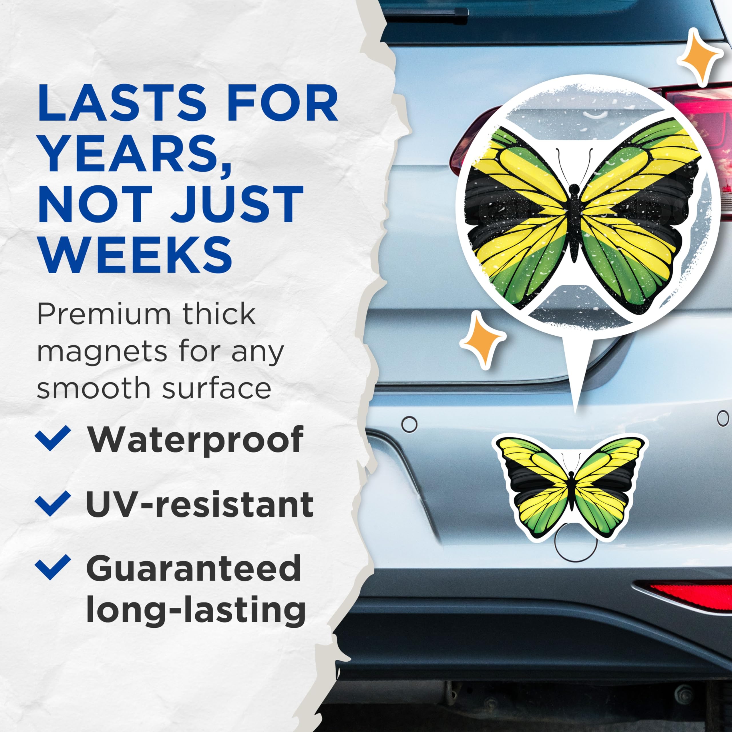 (2 Pack) Jamaica Flag Butterfly Magnets - Jamaican Pride Souvenir - Island Decor - 5" On Longest Side - Premium Magnet - for Cars, Refrigerators, Toolboxes, Lockers - Made in USA - MAG18081