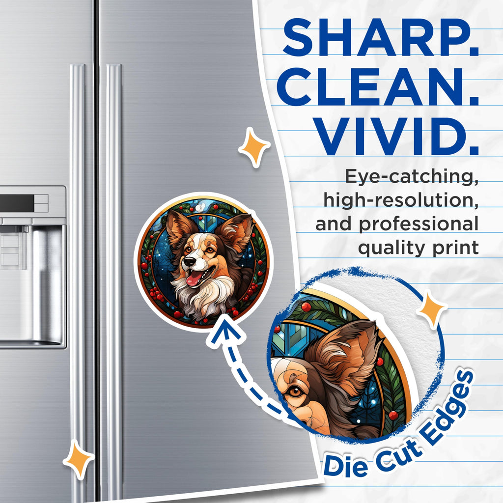(2 Pack) Happy Dog Magnets - Stained Glass Winter Art - Pet Lover Refrigerator Decor - 5 Inches On Longest Side - Thick Durable Magnet - Made in USA - MAG25709
