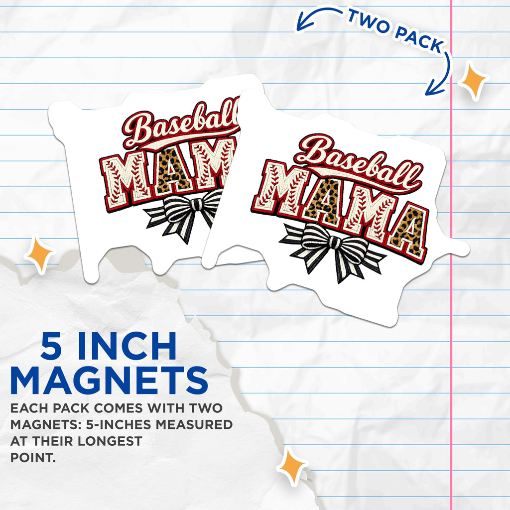 (2 Pack) Baseball Mama Magnets - Leopard Print Baseball Stitch Mom Decor - Sports Team Supporter - Game Day Apparel Accessory - 5 Inches On Longest Side - Thick Durable Magnet - Made in USA - MAG22035
