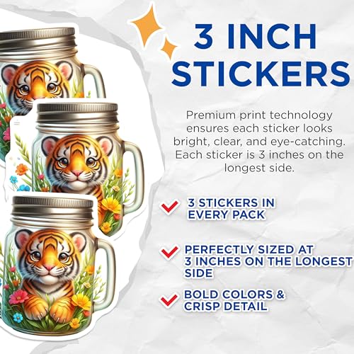 (3 Pack) Cute Tiger Decals - Floral Decor Sticker - Kitten in a Jar Vinyl Stickers - 3 Inches On Longest Side - Easy Peel & Apply - Made in USA - 3MCS8122