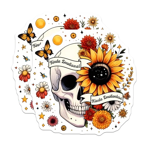 (2 Pack) Skull and Sunflower Stickers - Kinda Emotional Kinda Emotionless - Floral Skull - 5" On Longest Side - Sticks to Smooth Flat Surfaces - Made in USA - BMCS7376