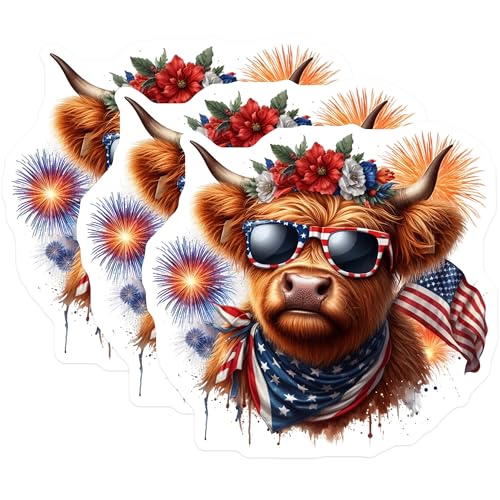 (3 Pack) Highland Cow Decals - Patriotic Cow - American Flag Sunglasses- 3 Inches On Longest Side - Easy Peel & Apply - Made in USA - 3MCS5131