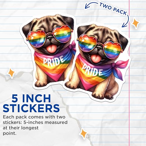(2 Pack) Pride Pug Stickers - Cute Pug with Sunglasses - Rainbow Dog Decal - LGBTQIA+ Pride - 5" On Longest Side - Sticks to Smooth Flat Surfaces - Made in USA - BMCS7265