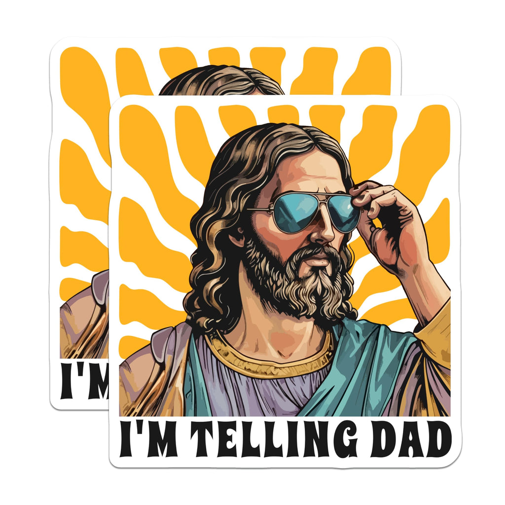 (2 Pack) Im Telling Dad Magnets - Funny Jesus with Sunglasses - Retro Religious Humor - 5 Inches On Longest Side - Thick Durable Magnet - Made in USA - MAG29155