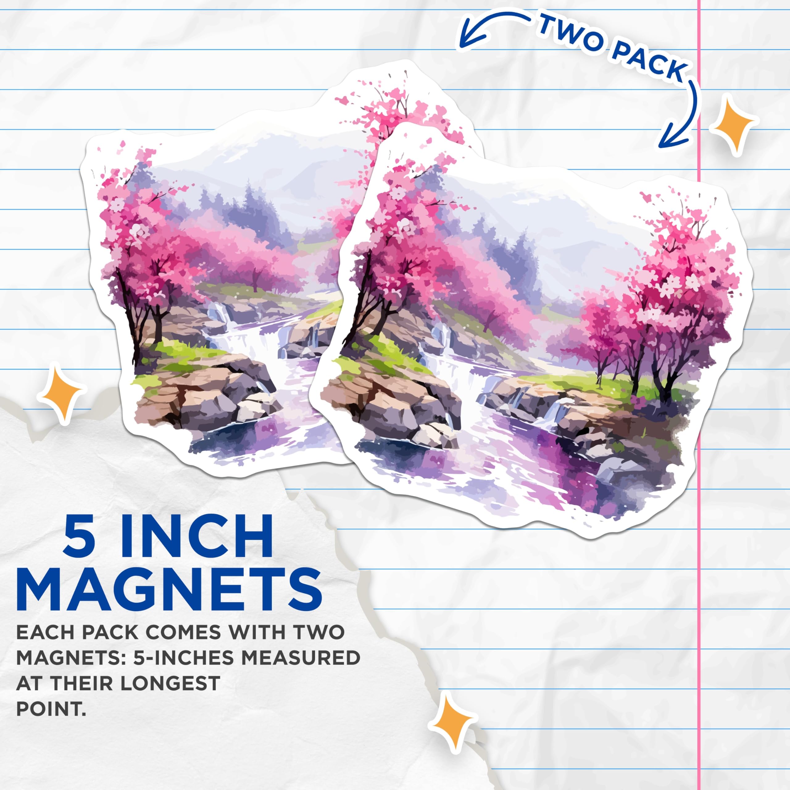 (2 Pack) Cherry Blossom Landscape Magnets - Scenic Waterfall Decor - Tranquil Nature Art - 5 Inches On Longest Side - Thick Durable Magnet - Made in USA - MAG19840