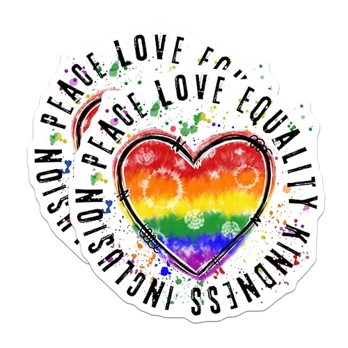 (2 Pack) Peace Love Equality Kindness Stickers - Rainbow Heart Decal - Inclusive Quote Stickers - 5" On Longest Side - Sticks to Smooth Flat Surfaces - Made in USA - BMCS5791