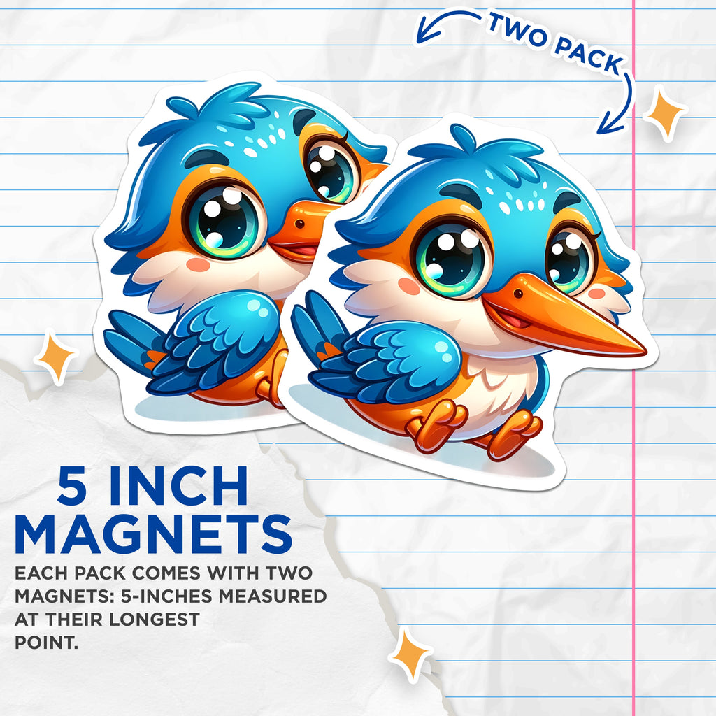 (2 Pack) Cute Kingfisher Bird Magnets - Kawaii Animal Fridge Decor - Adorable Bird Lover Item for Kids - 5 Inches On Longest Side - Thick Durable Magnet - Made in USA - MAG37527