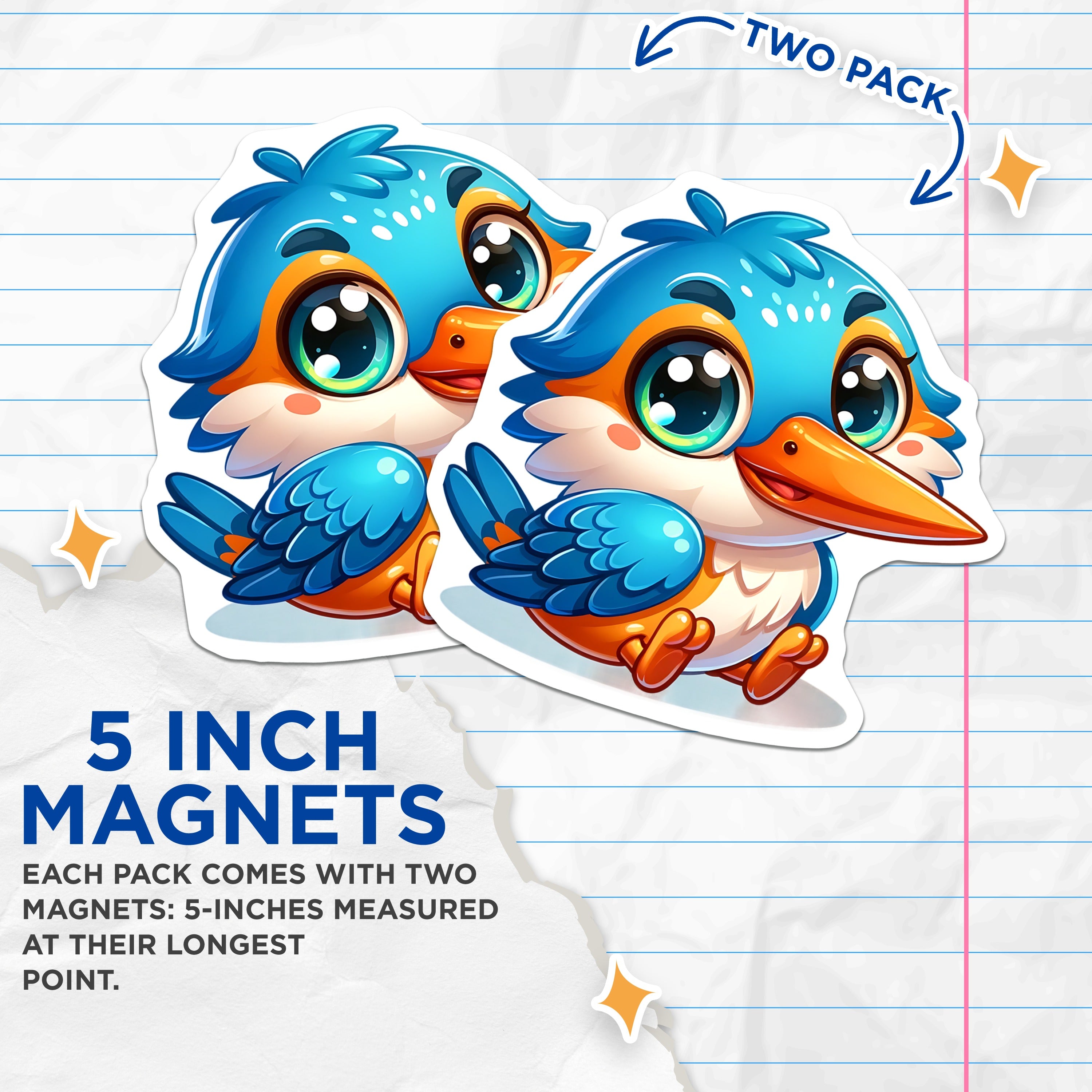 (2 Pack) Cute Kingfisher Bird Magnets - Kawaii Animal Fridge Decor - Adorable Bird Lover Item for Kids - 5 Inches On Longest Side - Thick Durable Magnet - Made in USA - MAG37527