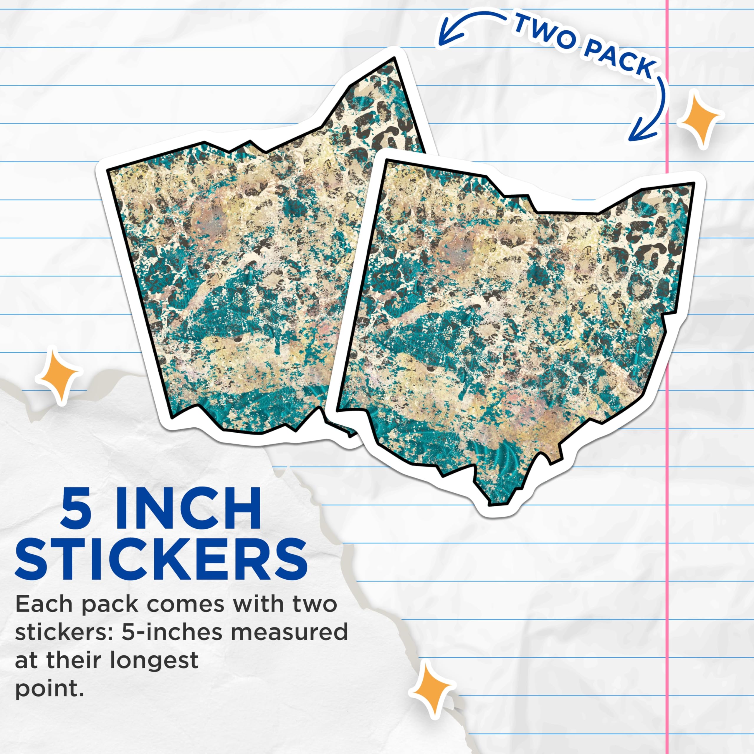 (2 Pack) Ohio Stickers - Leopard Print State - Artistic Decals - 5" On Longest Side - Sticks to Smooth Flat Surfaces - Made in USA - BMCS17246