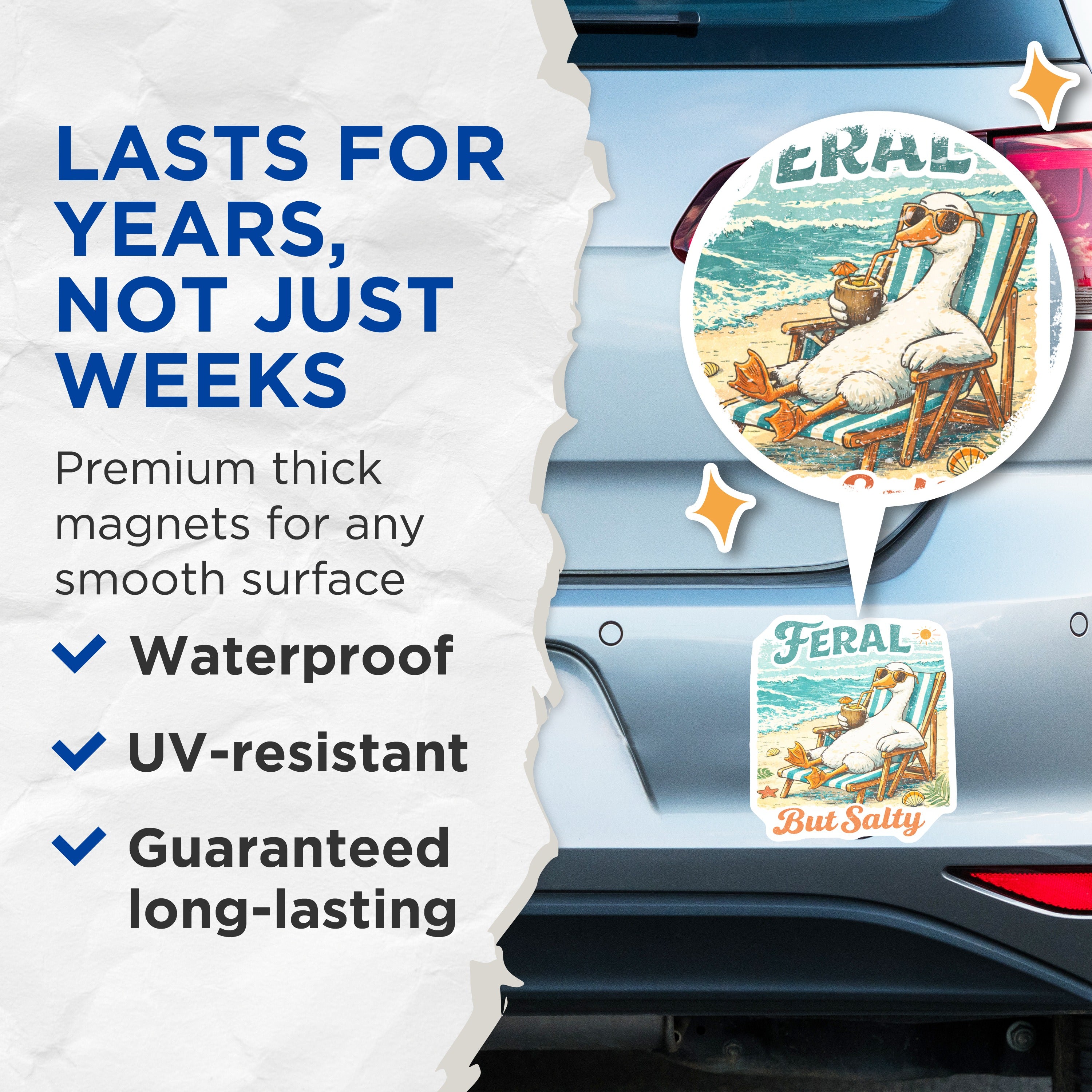 (2 Pack) Feral But Salty Magnets - Duck Beach Theme - Retro Summer Vibe - Humorous Vacation Decor - 5 Inches On Longest Side - Thick Durable Magnet - Made in USA - MAG39036