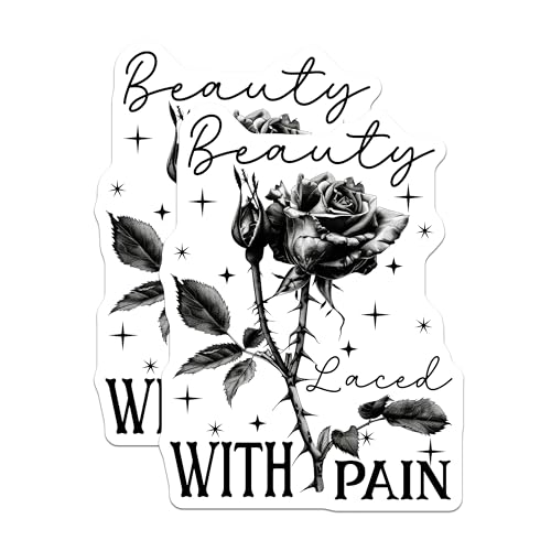 (2 Pack) Beauty Laced with Pain Stickers - Gothic Rose Stickers - Motivational Dark Themed Stickers - 5" On Longest Side - Sticks to Any Smooth Flat Surface - Made in USA - BMCS3360