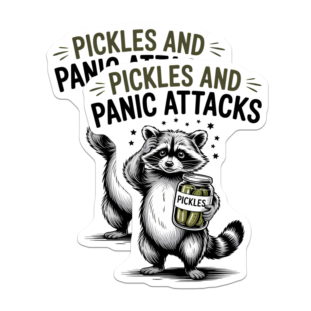 (2 Pack) Raccoon Holding Pickles Funny Phrase Magnets - Pickles and Panic Attacks Humor - Anxious Animal Kitchen Decor - 5 Inches On Longest Side - Thick Durable Magnet - Made in USA - MAG20384