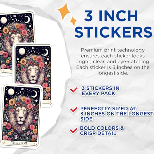 (3 Pack) Lion Tarot Decals - Floral Crown Animals - Celestial Laptop Decals - 3 Inches On Longest Side - Easy Peel & Apply - Made in USA - 3MCS4214