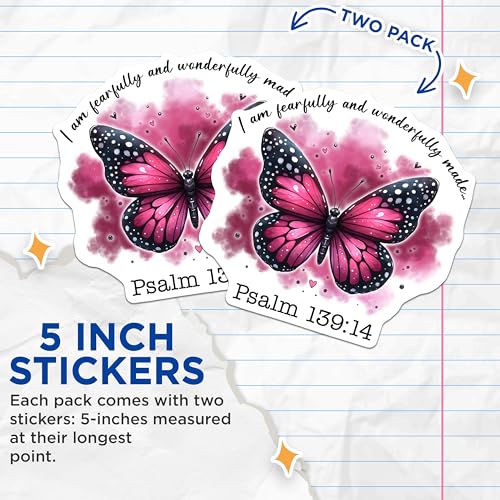 (2 Pack) Bible Verse Stickers - Inspirational Quote - Psalm 139:14 Butterfly Design - 5" On Longest Side - Sticks to Smooth Flat Surfaces - Made in USA - BMCS9734