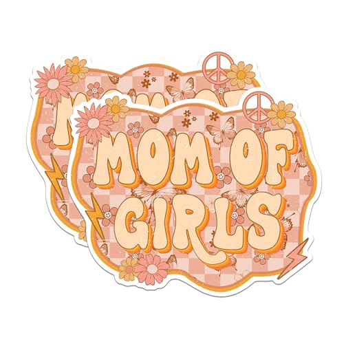 (2 Pack) Mom of Girls Magnets - Retro Mom Magnets - Flower Butterfly Pattern Magnets for Mothers- 5" On Longest Side - for Fridges, Toolboxes, Cars - Made in USA - MAG3007