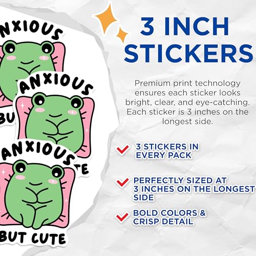 (3 Pack) Anxious But Cute Frog Decals - Funny Frog Sticker - Laptop Decal - 3 Inches On Longest Side - Easy Peel & Apply - Made in USA - 3MCS0224