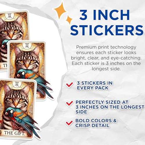 (3 Pack) Cat Bird Tarot Decals - Feline Art Stickers - Tabby Laptop Decal - 3 Inches On Longest Side - Easy Peel & Apply - Made in USA - 3MCS0279