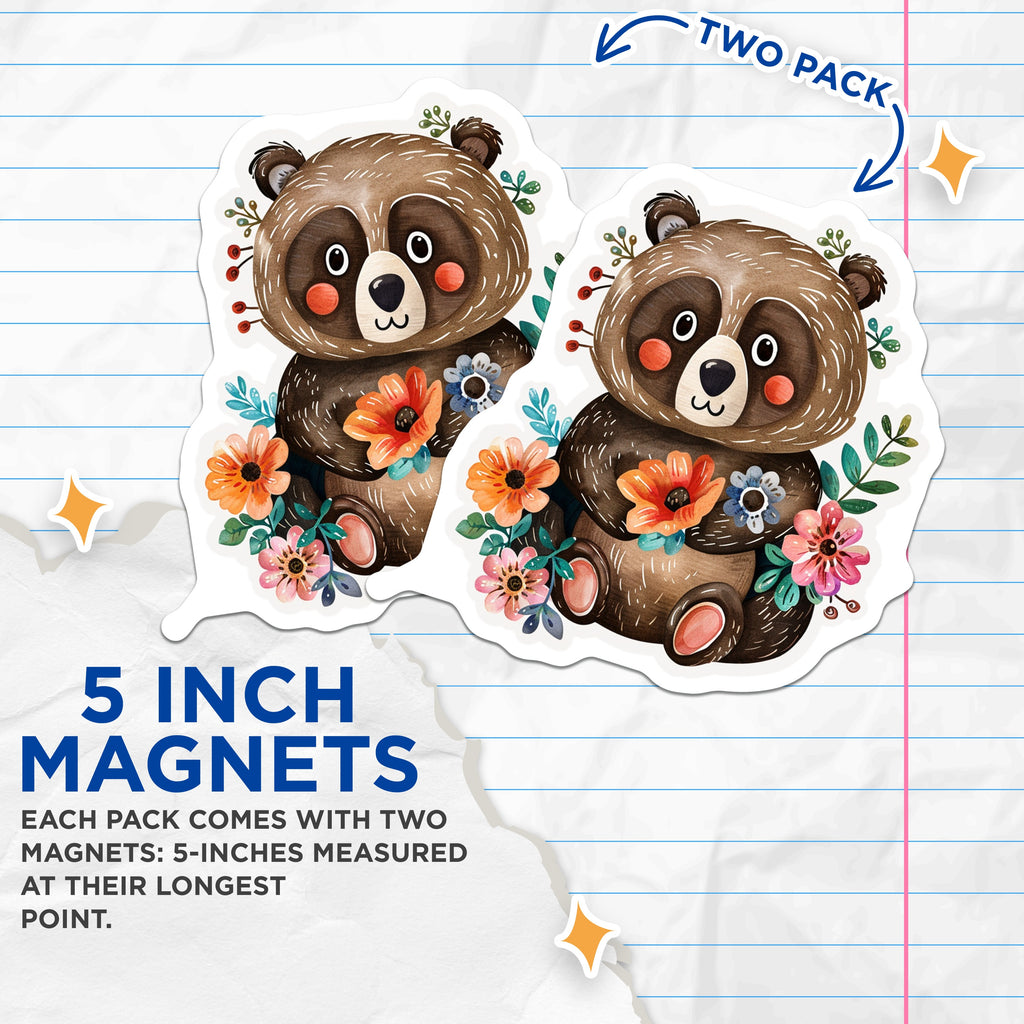 (2 Pack) Floral Bear Magnets - Woodland Nursery Decor - Kawaii Refrigerator Locker - 5 Inches On Longest Side - Thick Durable Magnet - Made in USA - MAG38028