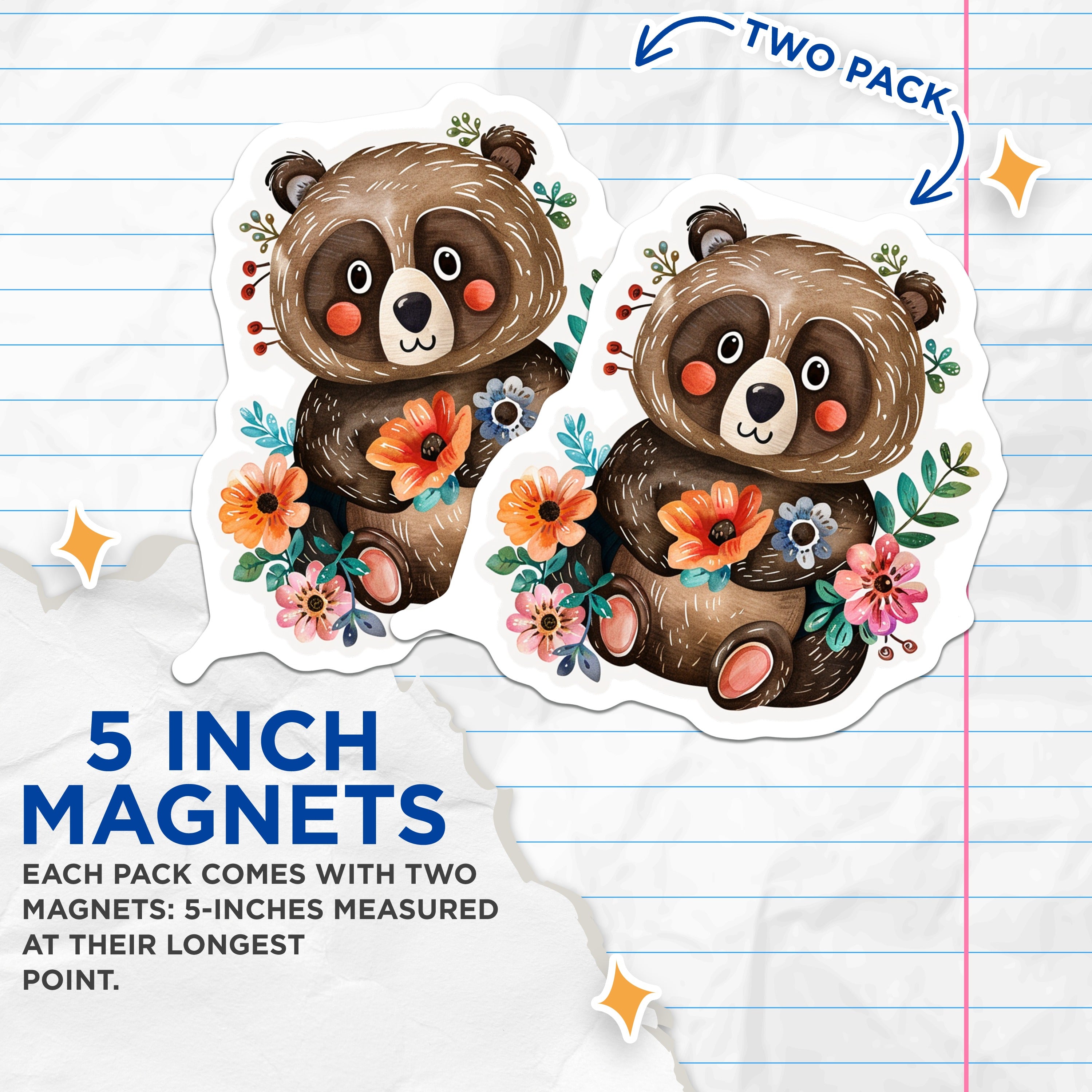 (2 Pack) Floral Bear Magnets - Woodland Nursery Decor - Kawaii Refrigerator Locker - 5 Inches On Longest Side - Thick Durable Magnet - Made in USA - MAG38028