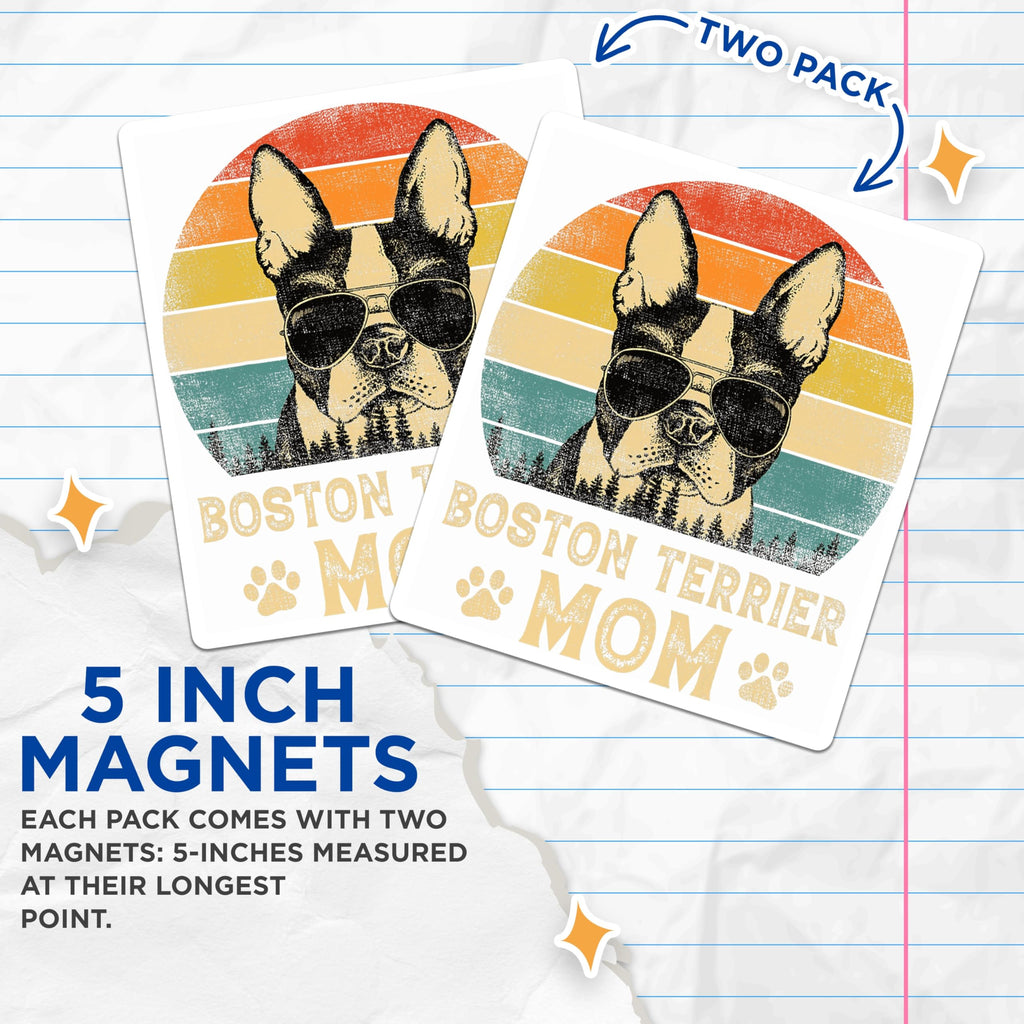 (2 Pack) Boston Terrier Mom Magnets - Dog Mom Aesthetic - Retro Sunset Animal Lover Decor - 5 Inches On Longest Side - Thick Durable Magnet - Made in USA - MAG24861