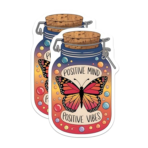 (2 Pack) Positive Mind Positive Vibes Stickers - Inspirational Butterfly - Motivational Jar Art - 5" On Longest Side - Sticks to Smooth Flat Surfaces - Made in USA - BMCS6591