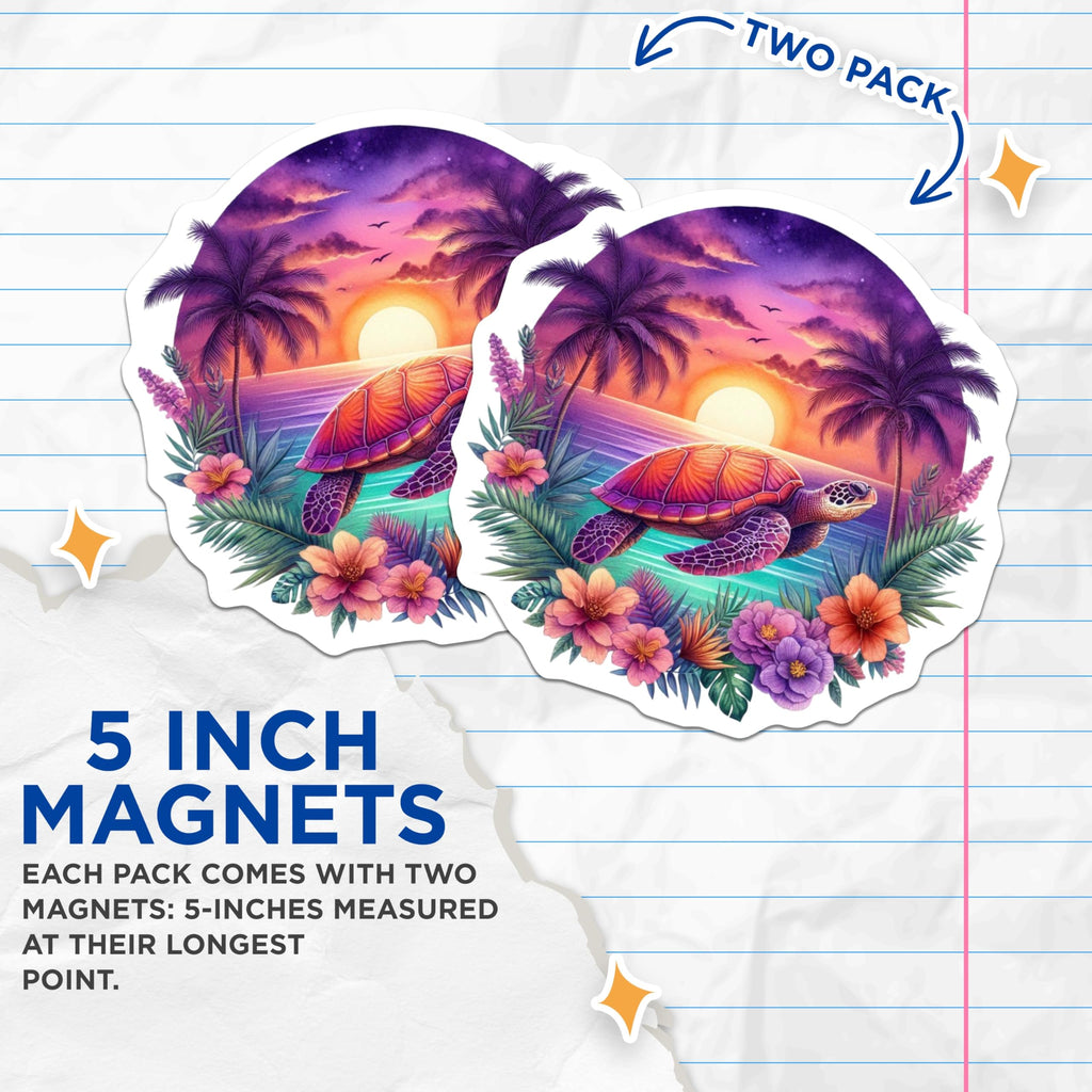 (2 Pack) Sea Turtle Magnets - Vibrant Tropical Sunset Art - Ocean Beach Decor - Hawaiian Palm Tree Fridge Locker - 5 Inches On Longest Side - Thick Durable Magnet - Made in USA - MAG22549