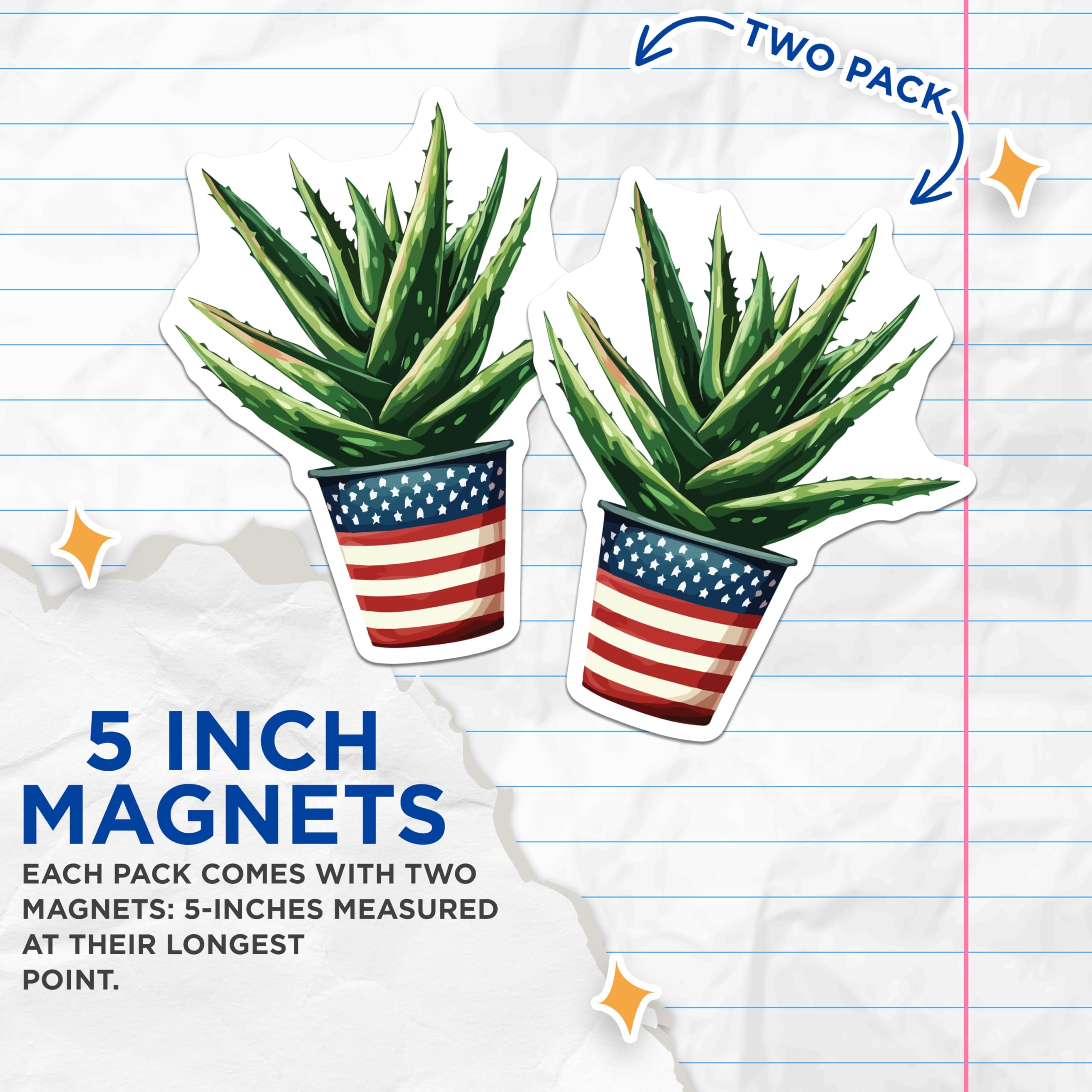 (2 Pack) Aloe Vera Plant Magnets - American Flag Pot Decor - Succulent Fridge Art - Patriotic Kitchen Accent - 5 Inches On Longest Side - Thick Durable Magnet - Made in USA - MAG19766