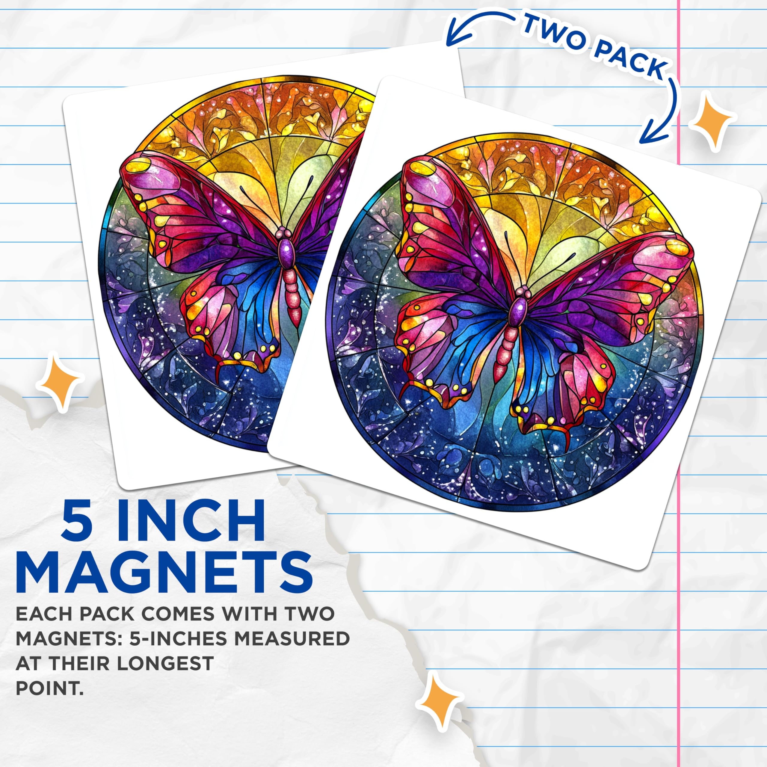 (2 Pack) Stained Glass Butterfly Magnets - Whimsical Nature Decor - Boho Aesthetic Art - 5 Inches On Longest Side - Thick Durable Magnet - Made in USA - MAG26466
