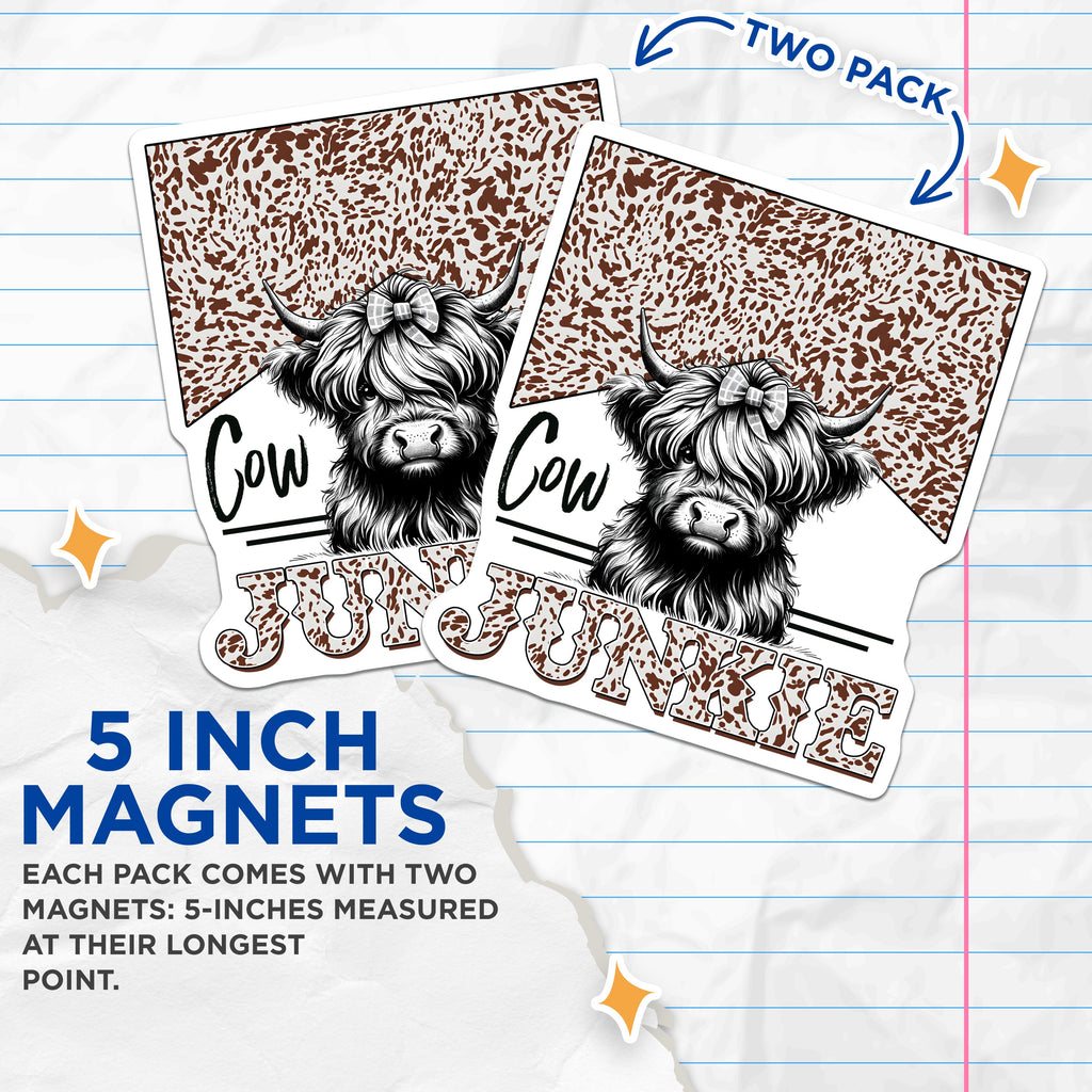 (2 Pack) Highland Cow Magnets - Cow Junkie Farm Decor - Cute Animal Lover Refrigerator Magnets - 5 Inches On Longest Side - Thick Durable Magnet - Made in USA - MAG38422