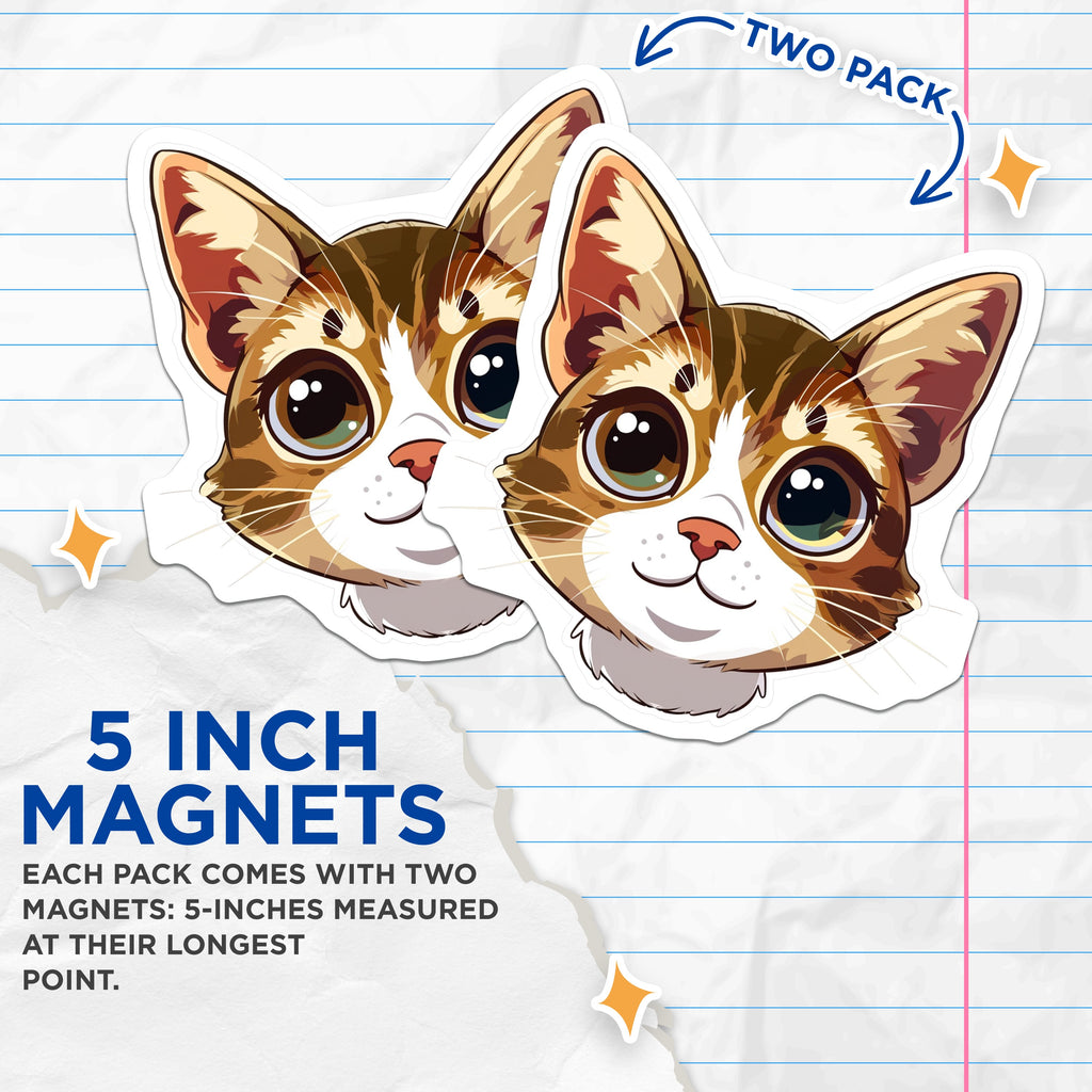 (2 Pack) Cute Cat Head Magnets - Kawaii Kitten Decor - Anime Style Pet Lover - Refrigerator Locker Accessory - 5 Inches On Longest Side - Thick Durable Magnet - Made in USA - MAG38642