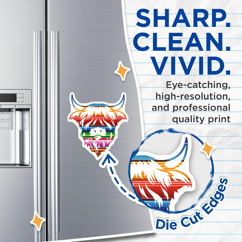 (2 Pack) Highland Cow Magnets - Serape Pattern Decor - Fridge Magnets - 5" On Longest Side - Premium Magnet - for Cars, Refrigerators, Toolboxes, Lockers - Made in USA - MAG18892