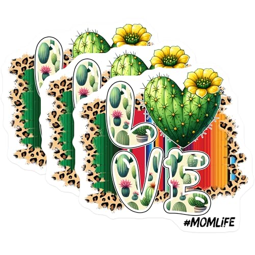 (3 Pack) Mom Life Cactus Love Decals - Leopard Serape Background - Laptop Decals - 3 Inches On Longest Side - Easy Peel & Apply - Made in USA - 3MCS6940