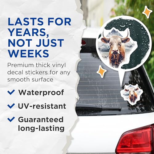 (2 Pack) Cow Stickers - Farm Animal Art Stickers - Mountain Background Stickers - 5" On Longest Side - Sticks to Smooth Flat Surfaces - Made in USA - BMCS3802