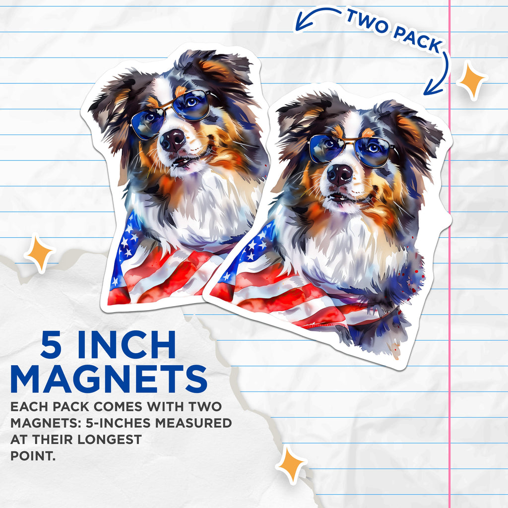 (2 Pack) Australian Shepherd Magnets - Patriotic Dog Art - USA Flag Decor for Dog Lovers - 5 Inches On Longest Side - Thick Durable Magnet - Made in USA - MAG38265