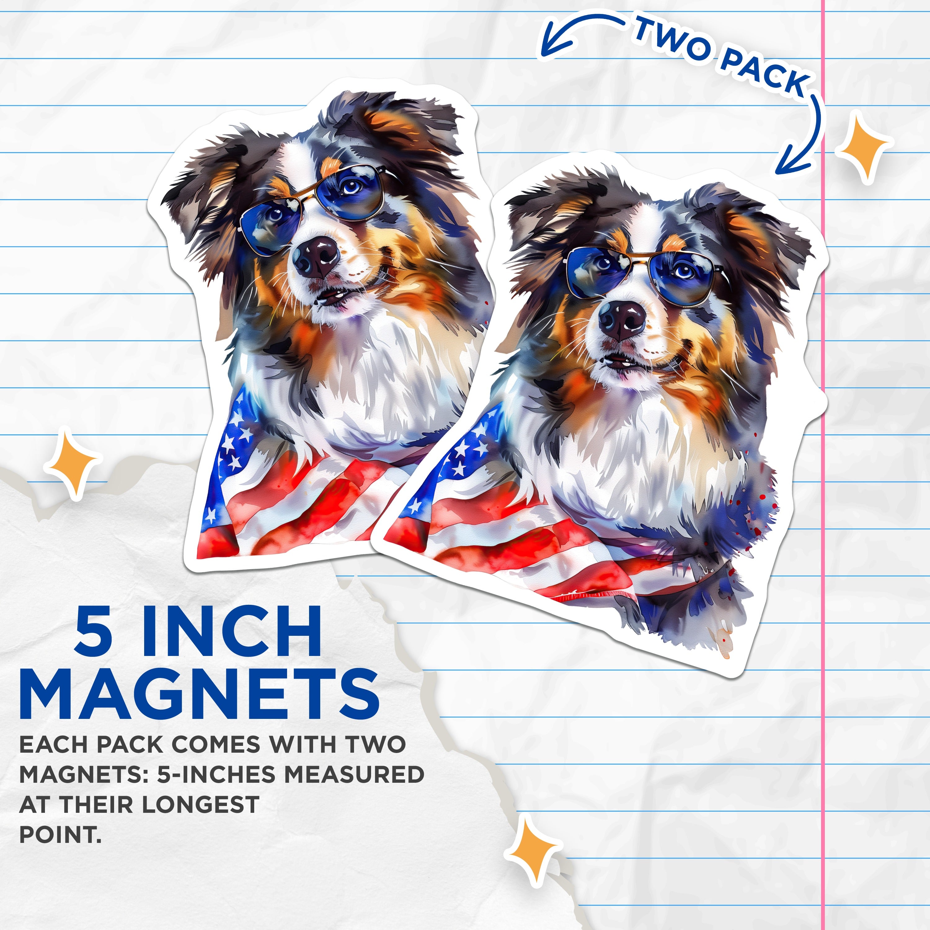 (2 Pack) Australian Shepherd Magnets - Patriotic Dog Art - USA Flag Decor for Dog Lovers - 5 Inches On Longest Side - Thick Durable Magnet - Made in USA - MAG38265