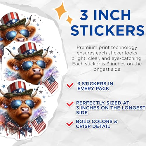 (3 Pack) Patriotic Cow Decals - American Flag - Independence Day Decal- 3 Inches On Longest Side - Easy Peel & Apply - Made in USA - 3MCS5096