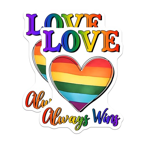 (2 Pack) Love Always Wins Stickers - Rainbow Heart - LGBTQ Pride - 5" On Longest Side - Sticks to Smooth Flat Surfaces - Made in USA - BMCS8287