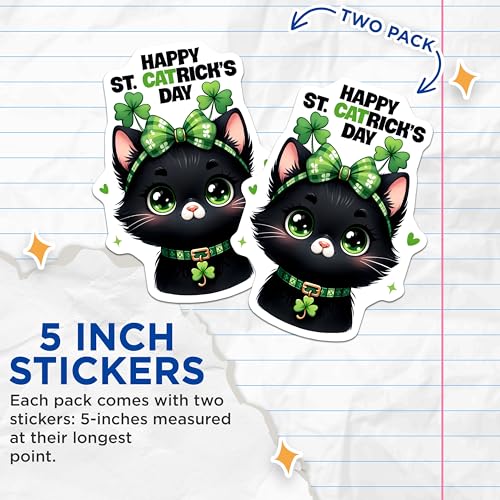 (2 Pack) Happy St Catrick's Day Stickers - Cute Cat - St Patrick's Day Celebration - 5" On Longest Side - Sticks to Smooth Flat Surfaces - Made in USA - BMCS8101