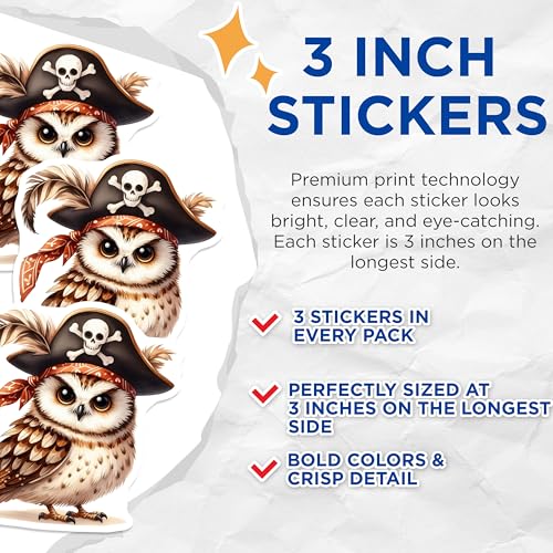 (3 Pack) Pirate Owl Decals - Cute Animal Stickers - Laptop Decor- 3 Inches On Longest Side - Easy Peel & Apply - Made in USA - 3MCS5827