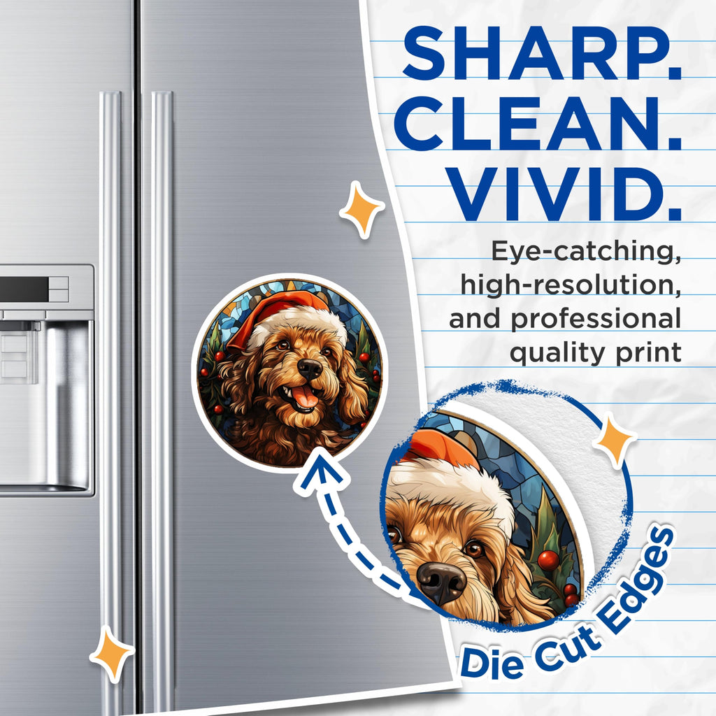 (2 Pack) Christmas Dog Magnets - Stained Glass Pet Decor - Santa Hat Puppy Lover - 5 Inches On Longest Side - Thick Durable Magnet - Made in USA - MAG30185