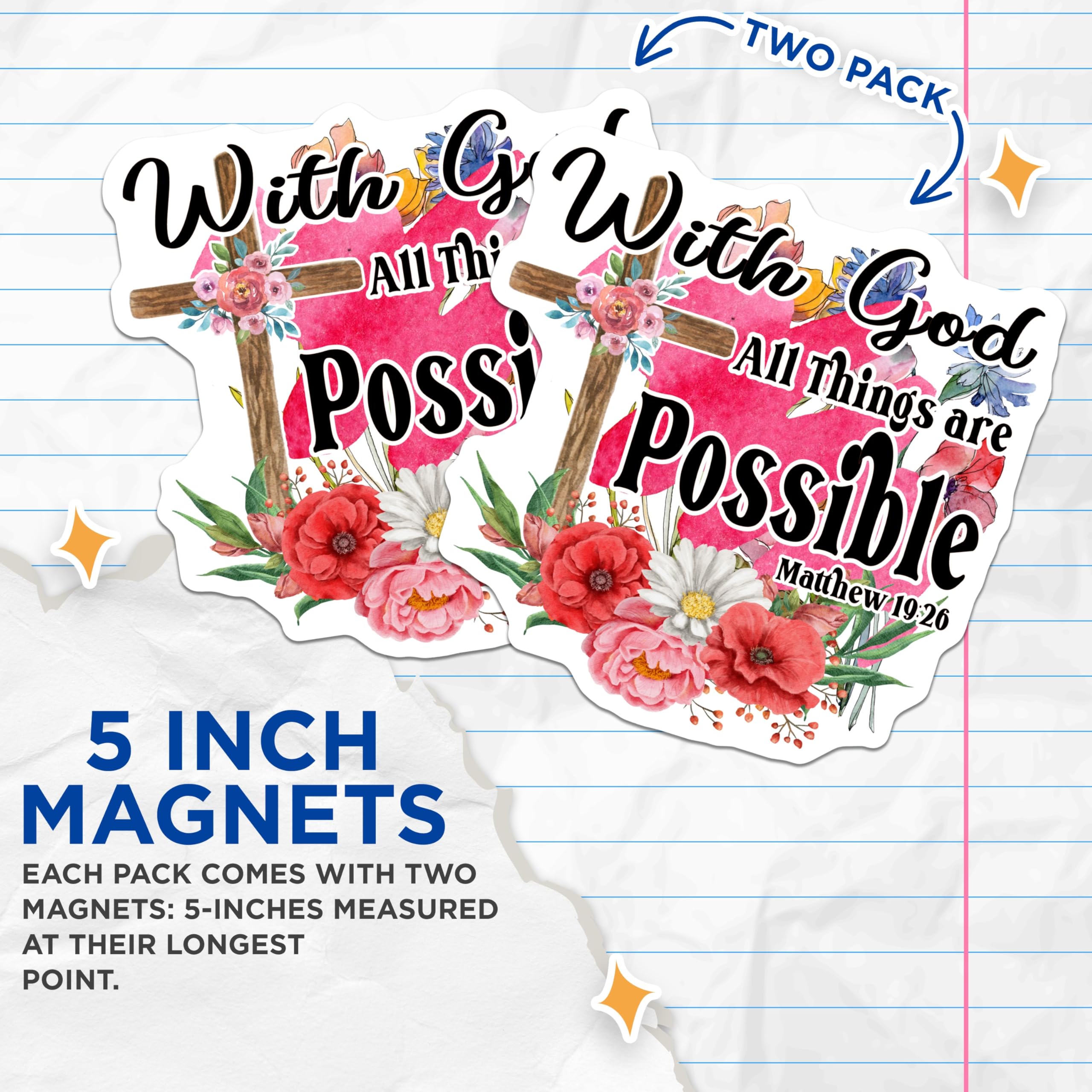 (2 Pack) Christian Faith Magnets - Matthew 19:26 Scripture Verse - with God All Things are Possible Home Decor - 5 Inches On Longest Side - Thick Durable Magnet - Made in USA - MAG19705