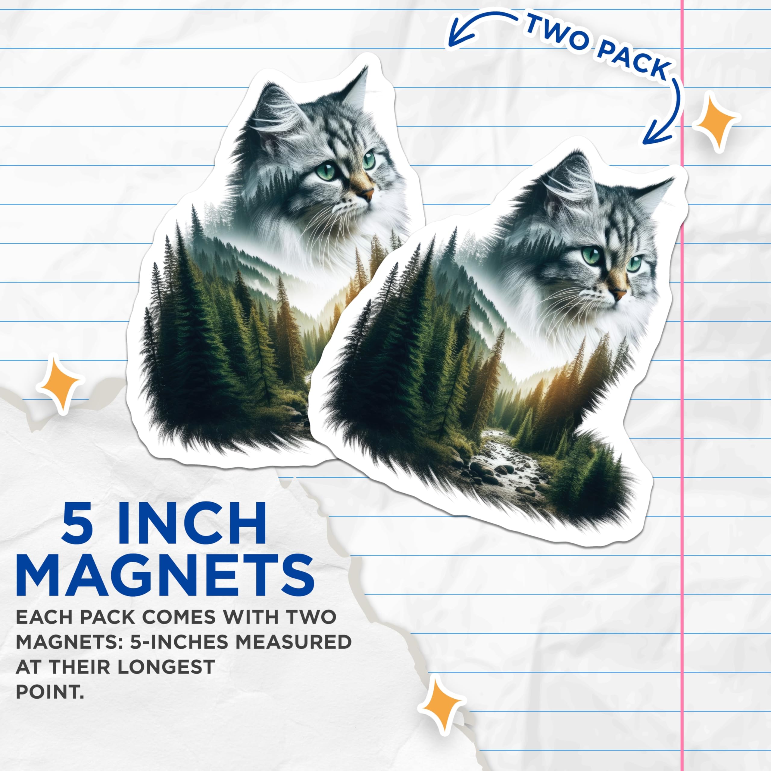 (2 Pack) Cat and Forest Magnets - Nature Inspired Art - Fridge Home Decor - 5" On Longest Side - Premium Magnet - for Cars, Refrigerators, Toolboxes, Lockers - Made in USA - MAG15129