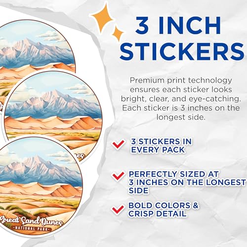 (3 Pack) Great Sand Dunes Decals - National Park Stickers - Laptop Decals - 3 Inches On Longest Side - Easy Peel & Apply - Made in USA - 3MCS0467