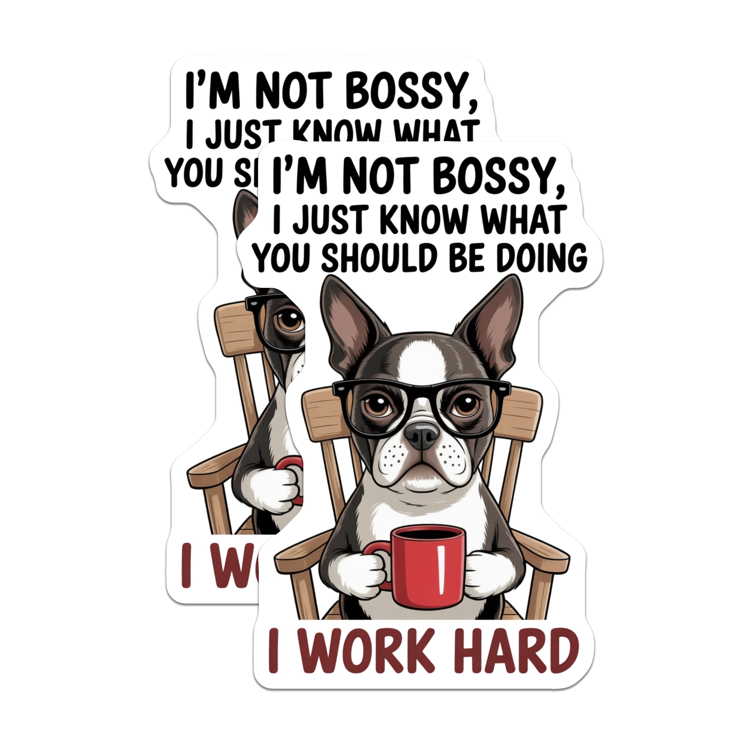 (2 Pack) Bossy Dog Coffee Magnets - Boston Terrier Decor - Funny Pet Owner Refrigerator Magnets - 5 Inches On Longest Side - Thick Durable Magnet - Made in USA - MAG39824