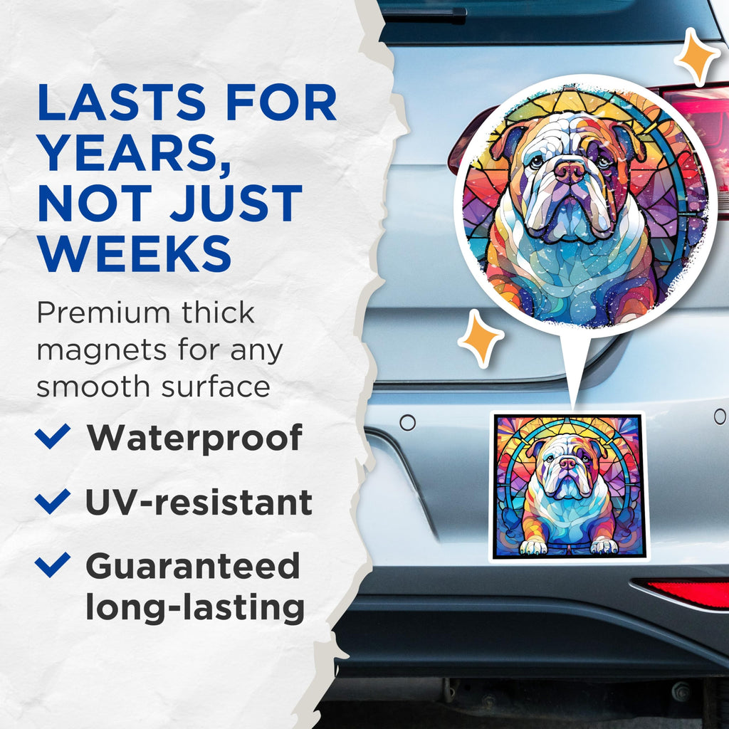 (2 Pack) Bulldog Magnets - Stained Glass Bulldog - Dog Lover Refrigerator Magnets - 5" On Longest Side - Premium Magnet - for Cars, Refrigerators, Toolboxes, Lockers - Made in USA - MAG16139