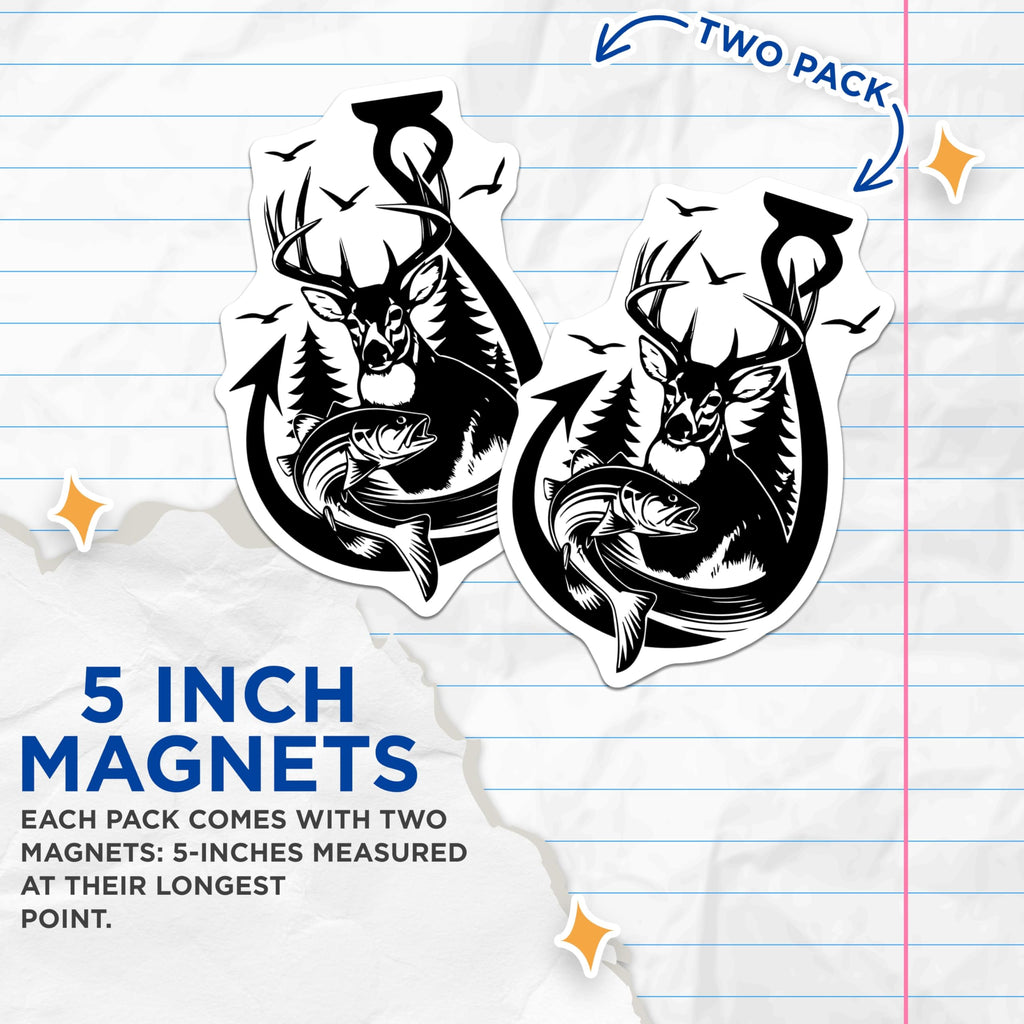 (2 Pack) Deer Fishing Hunting Magnets - Bass Hunter Wilderness Decor - Outdoorsman Nature Wildlife Art - 5 Inches On Longest Side - Thick Durable Magnet - Made in USA - MAG19915