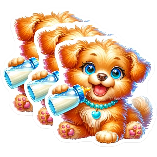 (3 Pack) Puppy with Milk Bottle Decals - Cute Dog Sticker - Laptop Decal - 3 Inches On Longest Side - Easy Peel & Apply - Made in USA - 3MCS8356