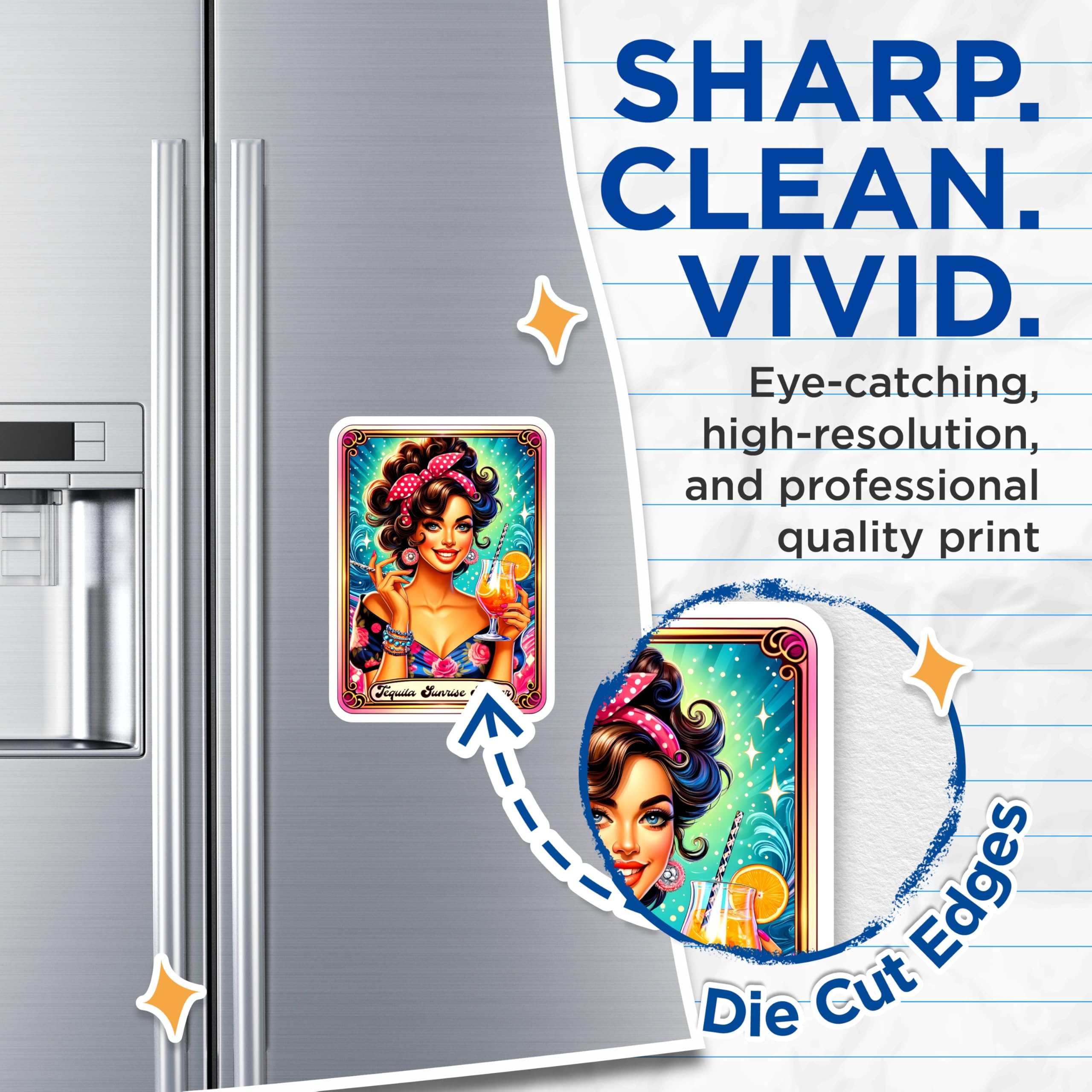 (2 Pack) Tequila Sunrise Magnets - Happy Hour Cocktail Lady - Retro Bar Kitchen Refrigerator Decor - Pin Up Style Drink Art - 5 Inches On Longest Side - Thick Durable Magnet - Made in USA - MAG20305