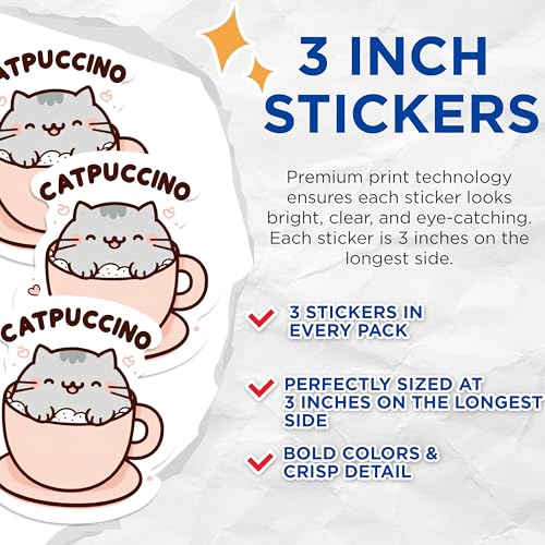(3 Pack) Catpuccino Decals - Coffee Cat - Cat Lover Sticker - 3 Inches On Longest Side - Easy Peel & Apply - Made in USA - 3MCS1115