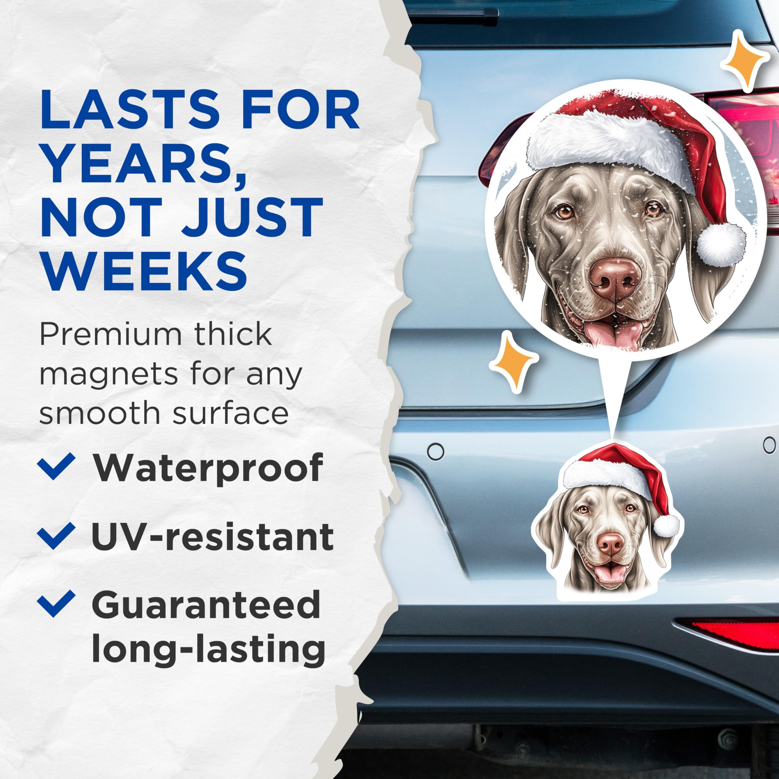 (2 Pack) Weimaraner Dog Magnets - Festive Christmas Weim Decor - Santa Hat Pet Lover Holiday Canine Pair - 5 Inches On Longest Side - Thick Durable Magnet - Made in USA - MAG24664
